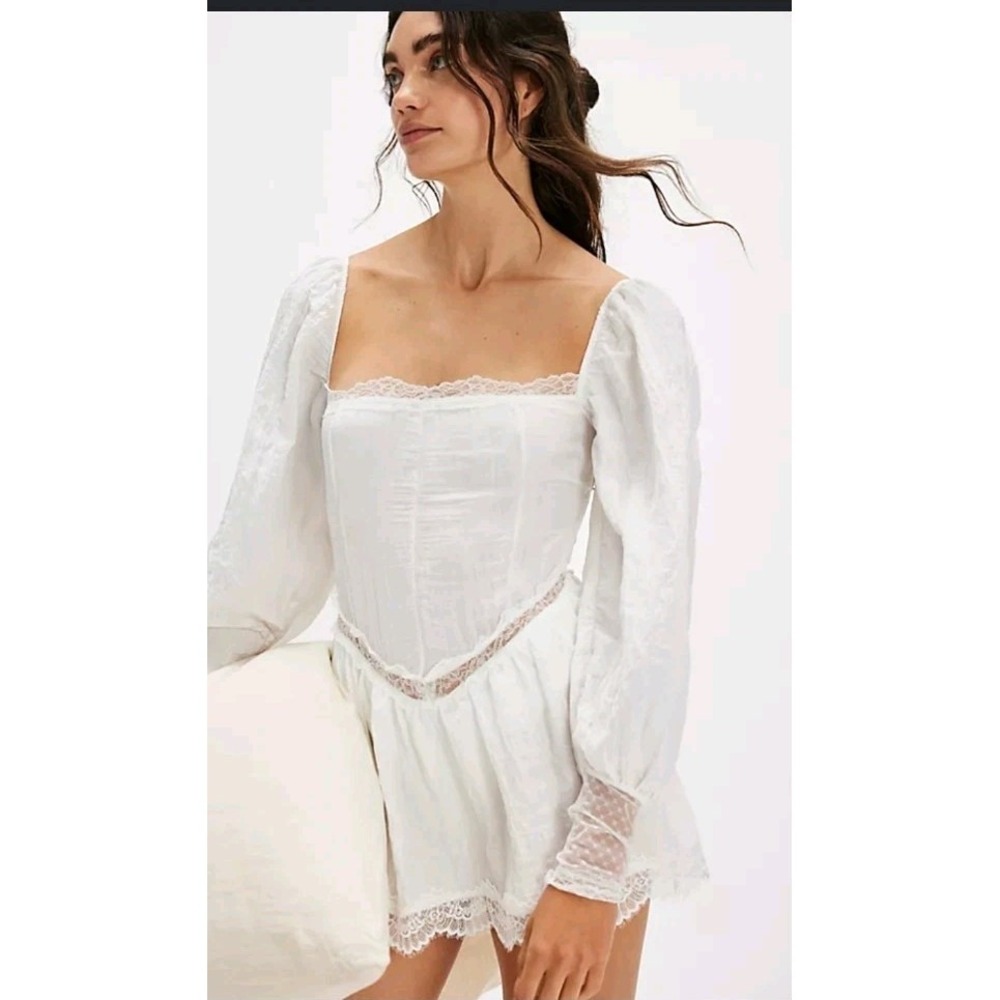 Free People Pretty Please Ivory Lace Open‎ Back Bodysuit Mini Dress S NWT
